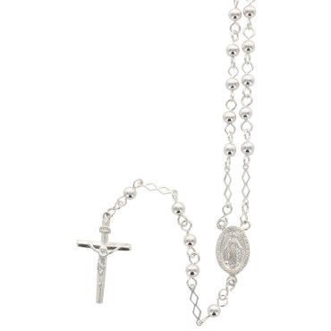 Chapelet en argent 925 °/°° (14,10 g) longueur jusqu'au cœur 31 cm grains ronds Ø 3 mm croix avec Christ. Livré en boite.